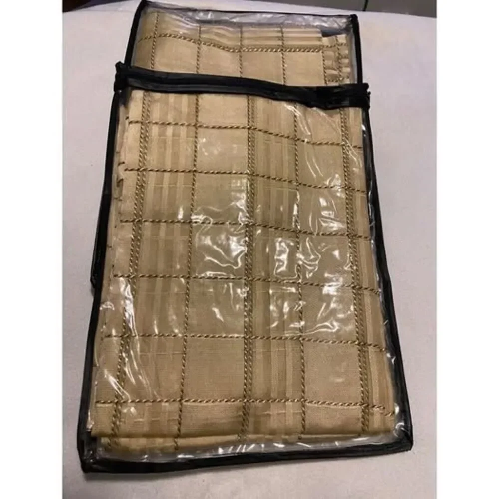 100% Vtg Sheer Silk Grid Pattern Curtain 50X84 Window Drapery Gold/Cream